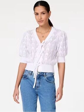 Kate Spade Tie Front Eyelet Lace Knit Cardigan Puff Sleeve Bow Sweater XL